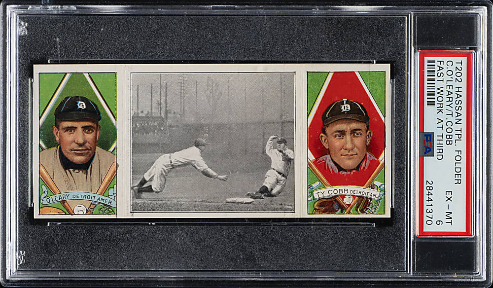 1912 T202 Hassan Triple Folder "Fast Work at Third" Ty Cobb/O'Leary PSA EX-MT 6