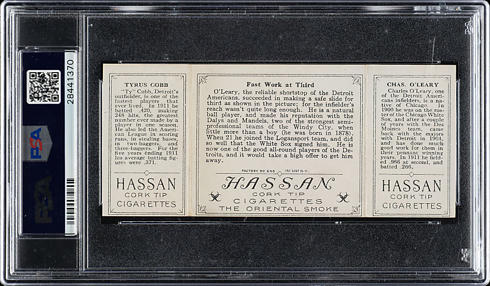 1912 T202 Hassan Triple Folder "Fast Work at Third" Ty Cobb/O'Leary PSA EX-MT 6