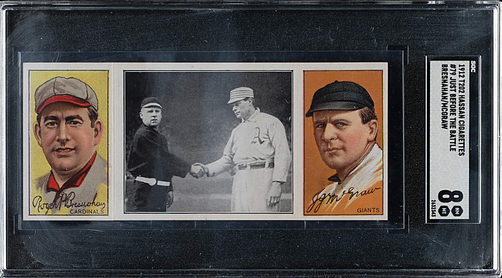 1912 T202 Hassan Triple Folder "Just Before the Battle" Roger Bresnahan/John McGraw SGC NM/MT 8 - 1 of 3 - Highest Graded!