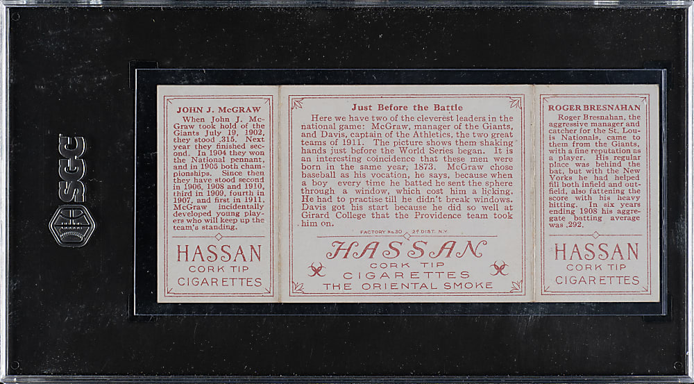 1912 T202 Hassan Triple Folder "Just Before the Battle" Roger Bresnahan/John McGraw SGC NM/MT 8 - 1 of 3 - Highest Graded!