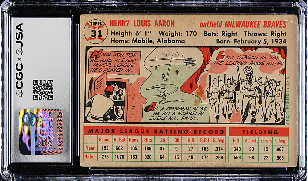 Signed 1956 Topps #31 Hank Aaron White Back CGC/JSA FAIR 1.5