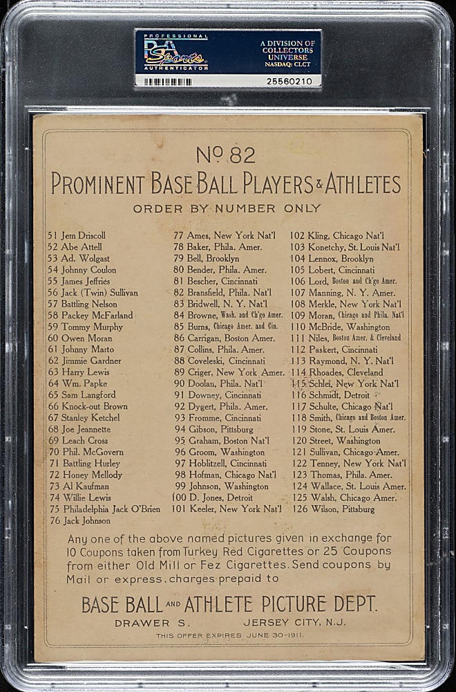 1911 T3 Turkey Red #82 Kitty Bransfield PSA VG 3 (MK)