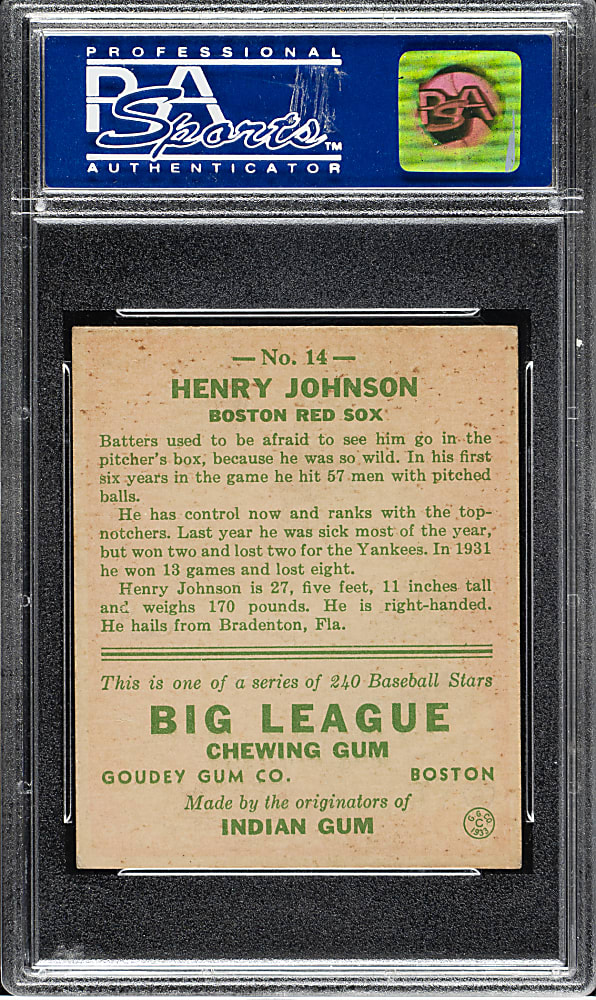1933 R319 Goudey #14 Henry Johnson PSA NM 7
