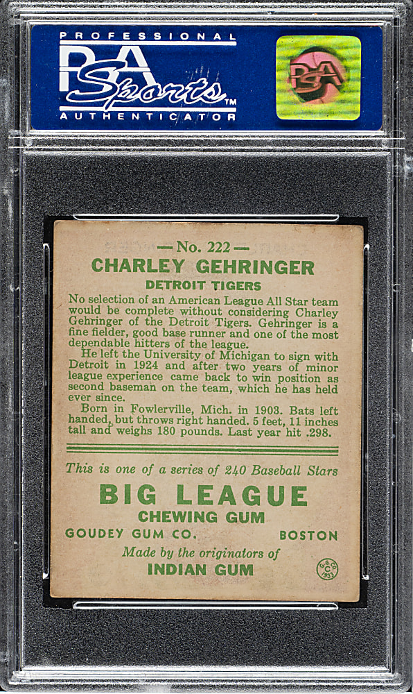 1933 R319 Goudey #222 Charlie Gehringer PSA EX-MT 6