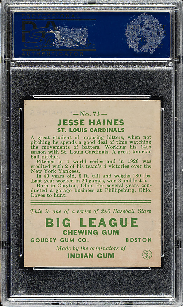 1933 R319 Goudey #73 Jesse Haines PSA EX-MT 6