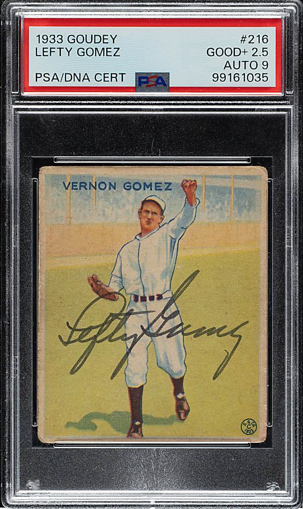 Signed 1933 R319 Goudey #216 Vernon "Lefty" Gomez PSA GOOD+ 2.5 with MINT 9 Signature
