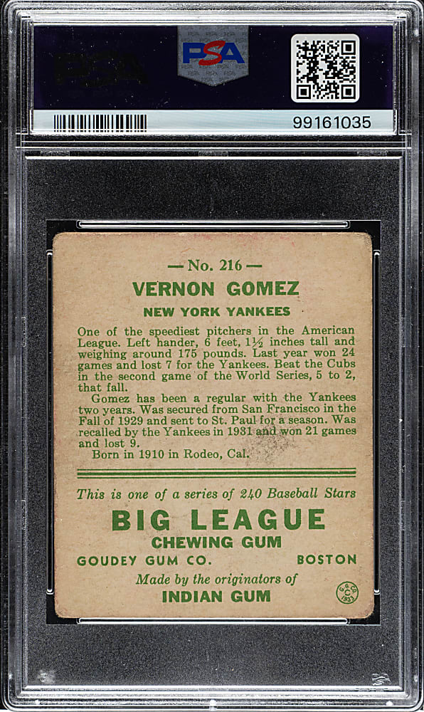 Signed 1933 R319 Goudey #216 Vernon "Lefty" Gomez PSA GOOD+ 2.5 with MINT 9 Signature
