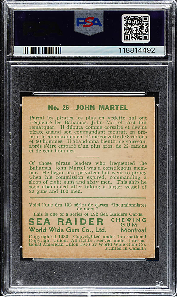 1933 R124 World Wide Gum (Canadian Goudey) "Sea Raiders" #26 John Martel High Number PSA VG+ 3.5