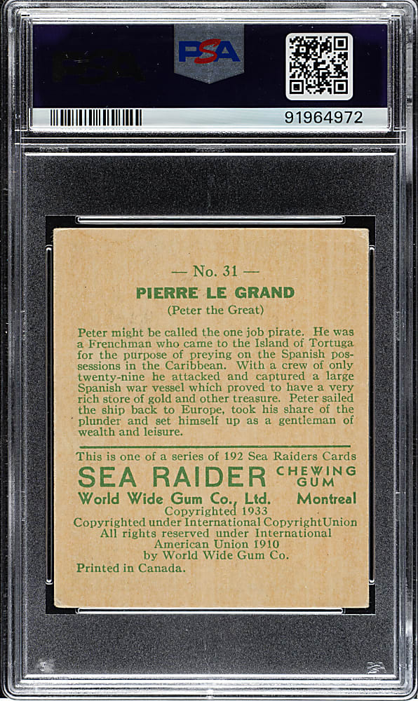 1933 R124 World Wide Gum (Canadian Goudey) "Sea Raiders" #31 Pierre Le Grand High Number PSA VG 3