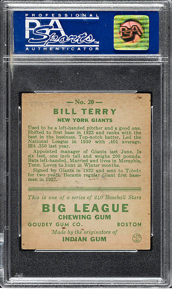 1933 R319 Goudey #20 Bill Terry PSA EX-MT 6