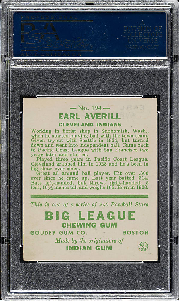 1933 R319 Goudey #194 Earl Averill PSA EX-MT 6