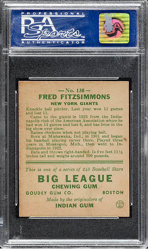 1933 R319 Goudey #130 Fred Fitzsimmons PSA EX-MT 6