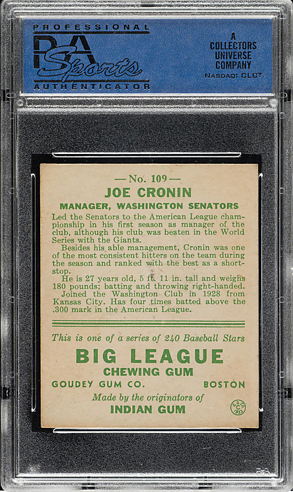 1933 R319 Goudey #109 Joe Cronin PSA EX-MT 6