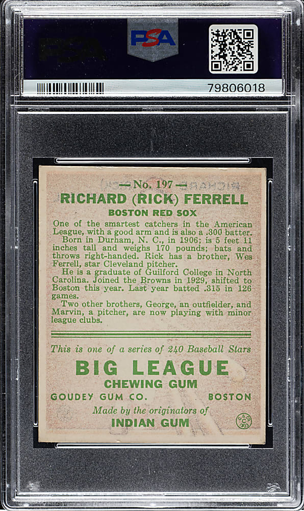 1933 R319 Goudey #197 Rick Ferrell PSA EX-MT 6