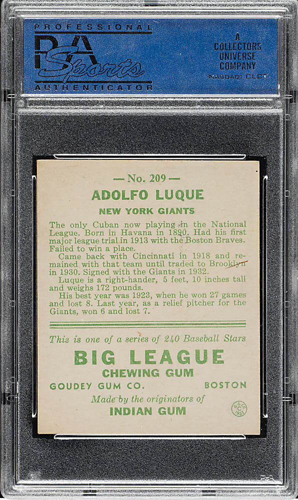 1933 R319 Goudey #209 Adolfo Luque PSA EX-MT 6
