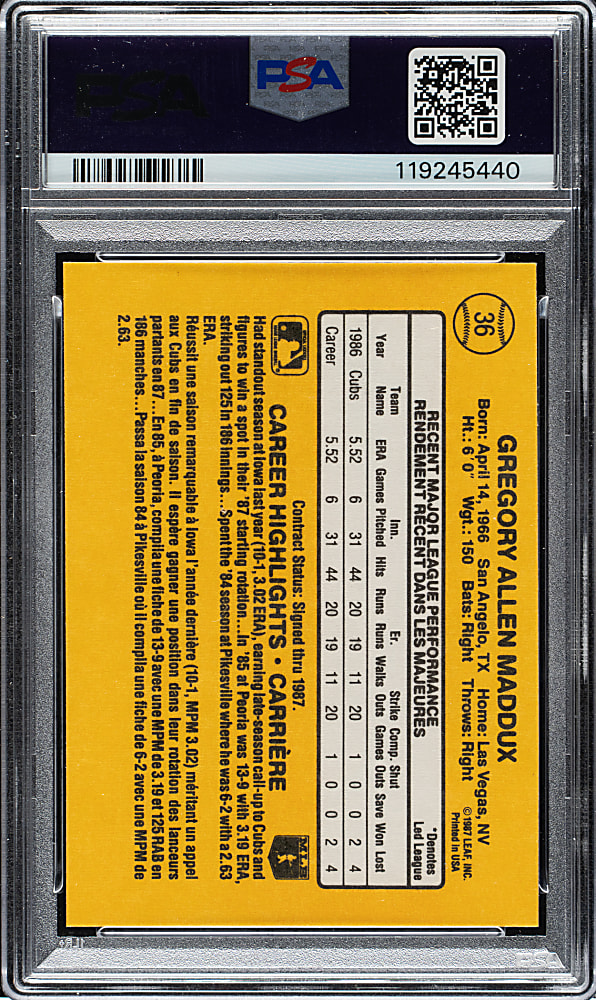 1987 Leaf #36 Greg Maddux Rookie PSA GEM MINT 10