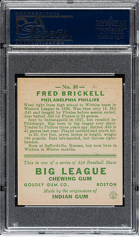 1933 R319 Goudey #38 Fred Brickell PSA EX-MT 6