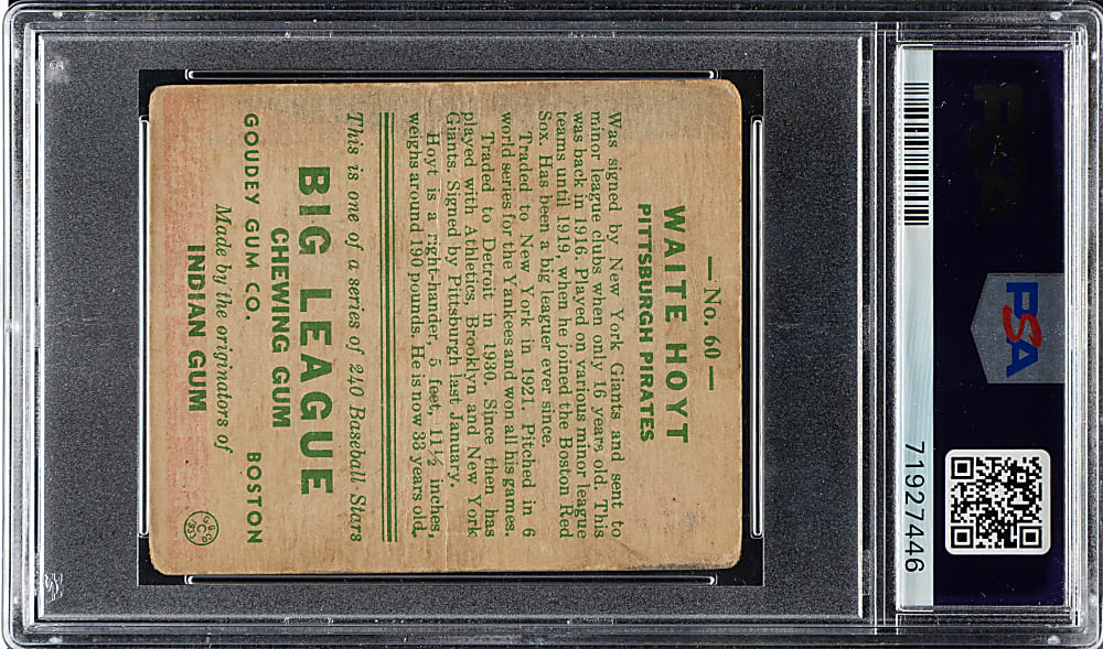 Signed 1933 R319 Goudey #60 Waite Hoyt PSA GOOD 2 with GEM MINT 10 Signature