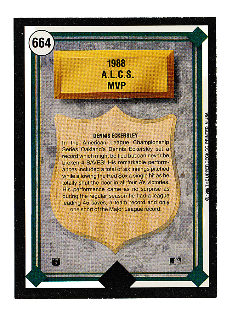 1989 Upper Deck #664 Dennis Eckersley Black Border Proof Card - Extremely Rare!