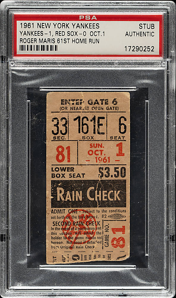 October 1, 1961 New York Yankees (vs. Boston Red Sox) Ticket Stub PSA Authentic - Roger Maris 61st Home Run