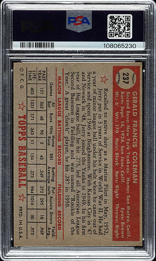 1952 Topps #237 Jerry Coleman PSA NM-MT+ 8.5