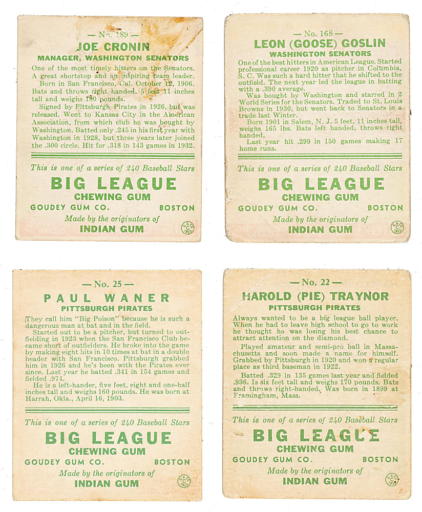 1933 R319 Goudey Collection (46) Including Cronin, Goslin, Waner, and Traynor