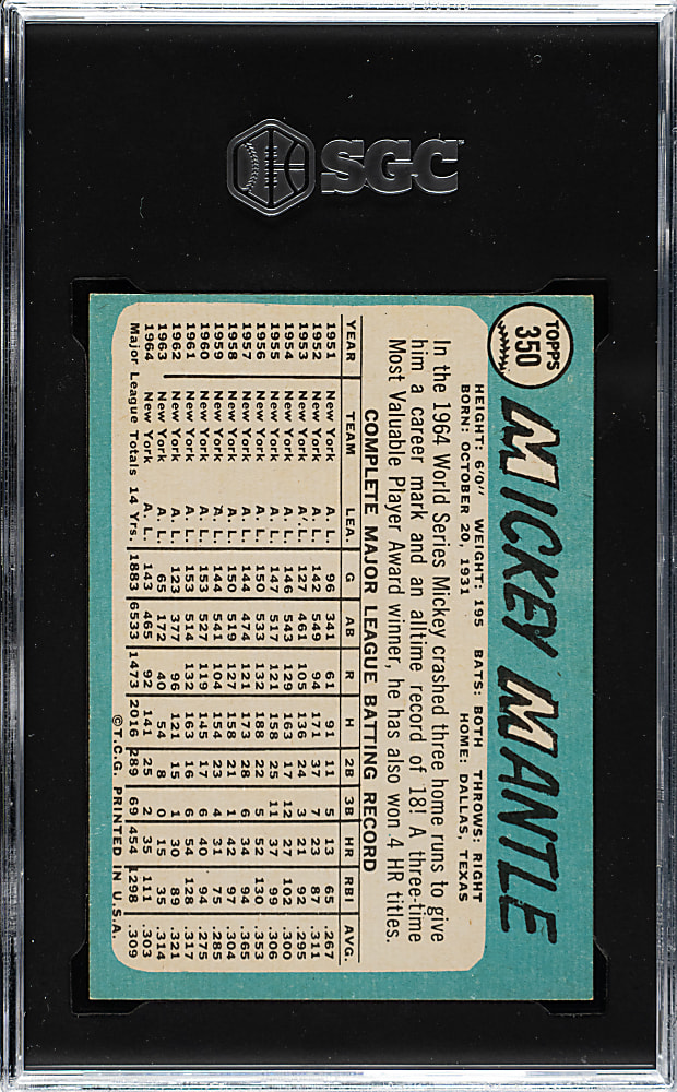 1965 Topps #350 Mickey Mantle SGC NM 7