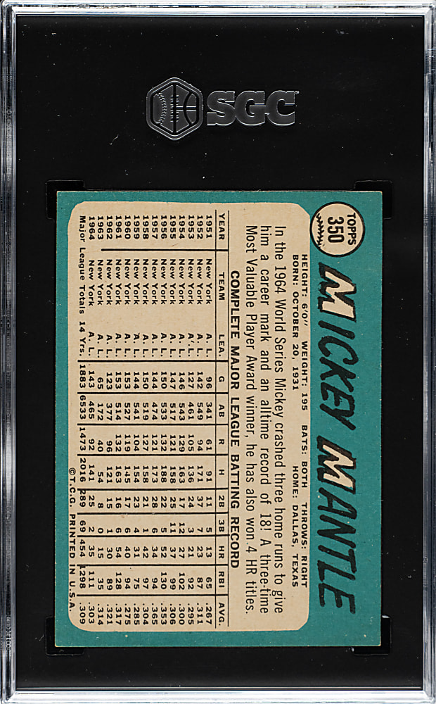 1965 Topps #350 Mickey Mantle SGC EX/NM 6