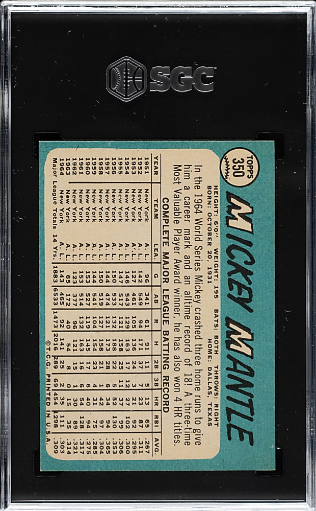 1965 Topps #350 Mickey Mantle SGC EX/NM 6