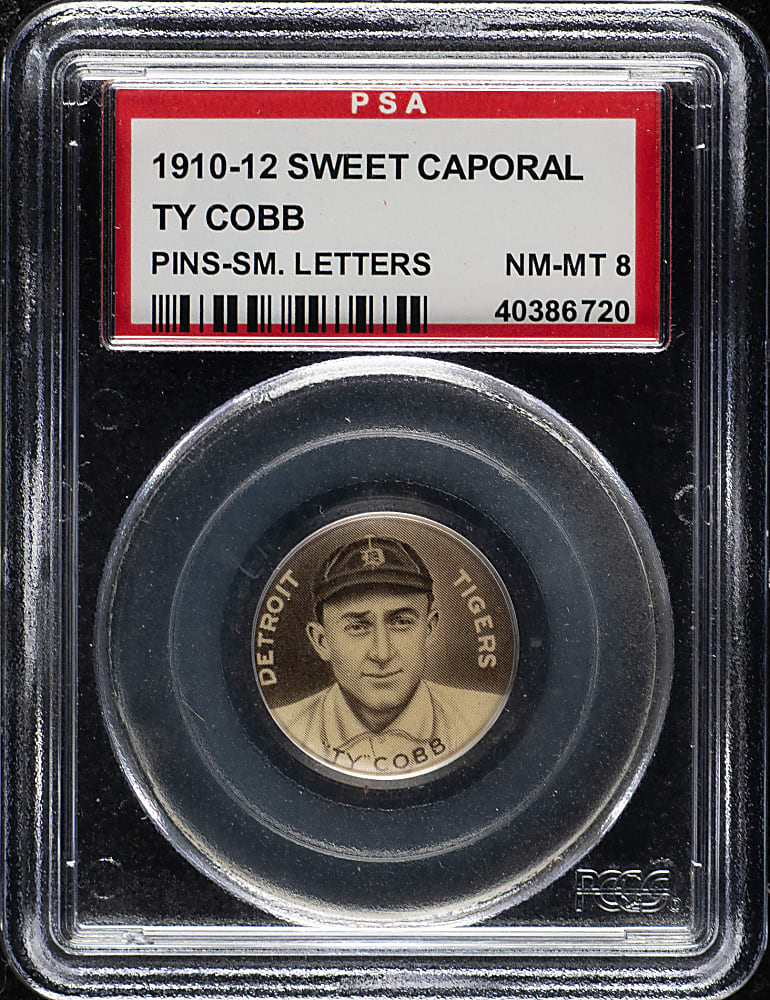 1910-1912 P2 Sweet Caporal Pins Ty Cobb Small Letters PSA NM-MT 8