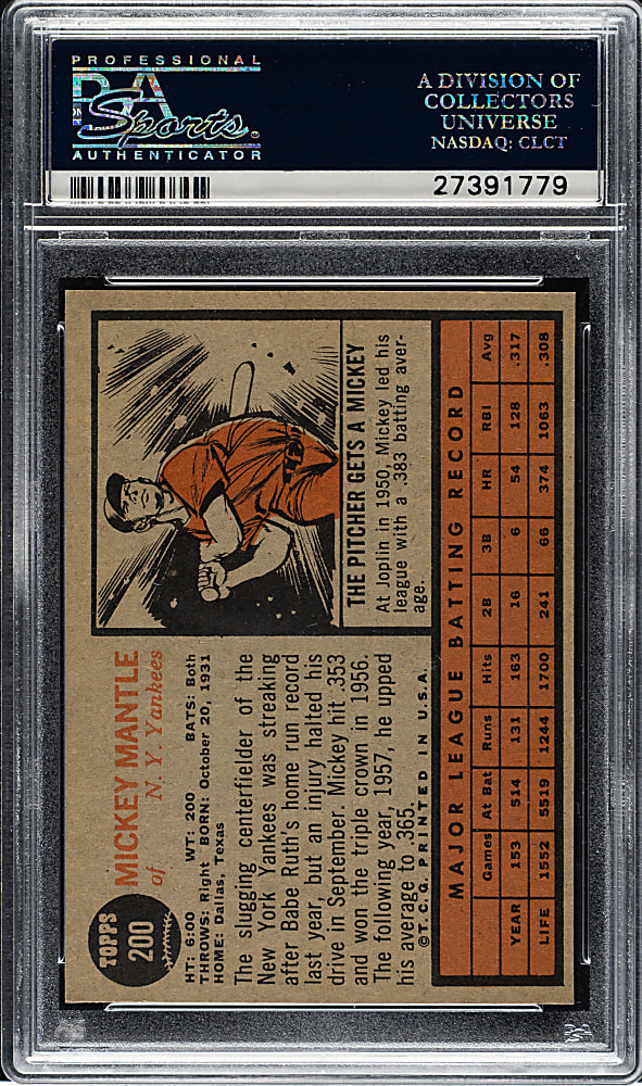 1962 Topps #200 Mickey Mantle PSA EX-MT 6