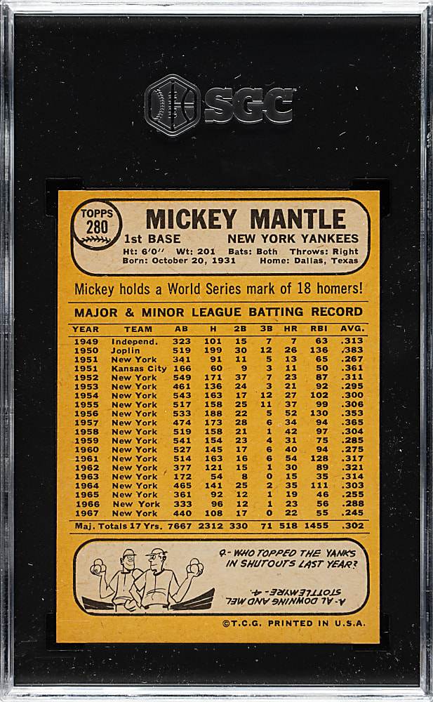 1968 Topps #280 Mickey Mantle SGC NM 7