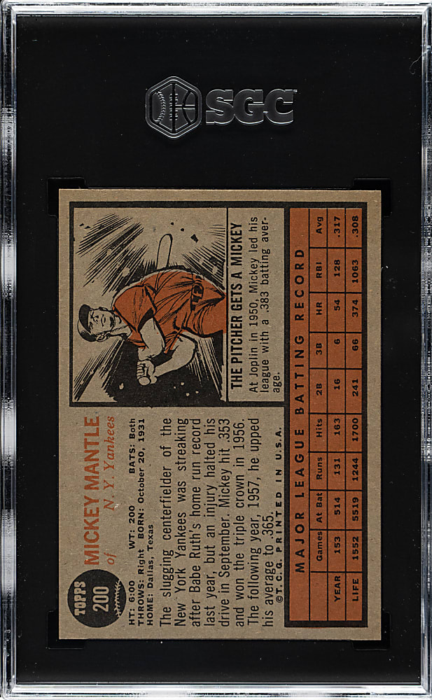 1962 Topps #200 Mickey Mantle SGC EX/NM+ 6.5