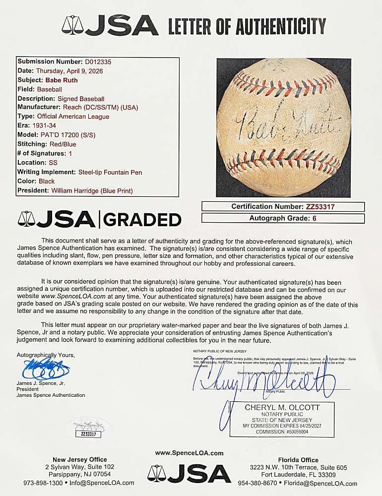 Babe Ruth Single-Signed Baseball - JSA with EX-MT 6 Signature