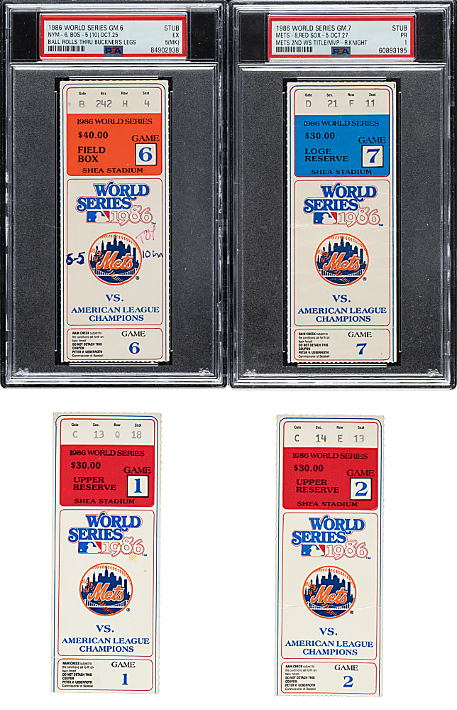 1986 New York Mets vs. Boston Red Sox World Series Full Ticket and Stub Complete Collection (7) Including Game 6 Bill Buckner Error