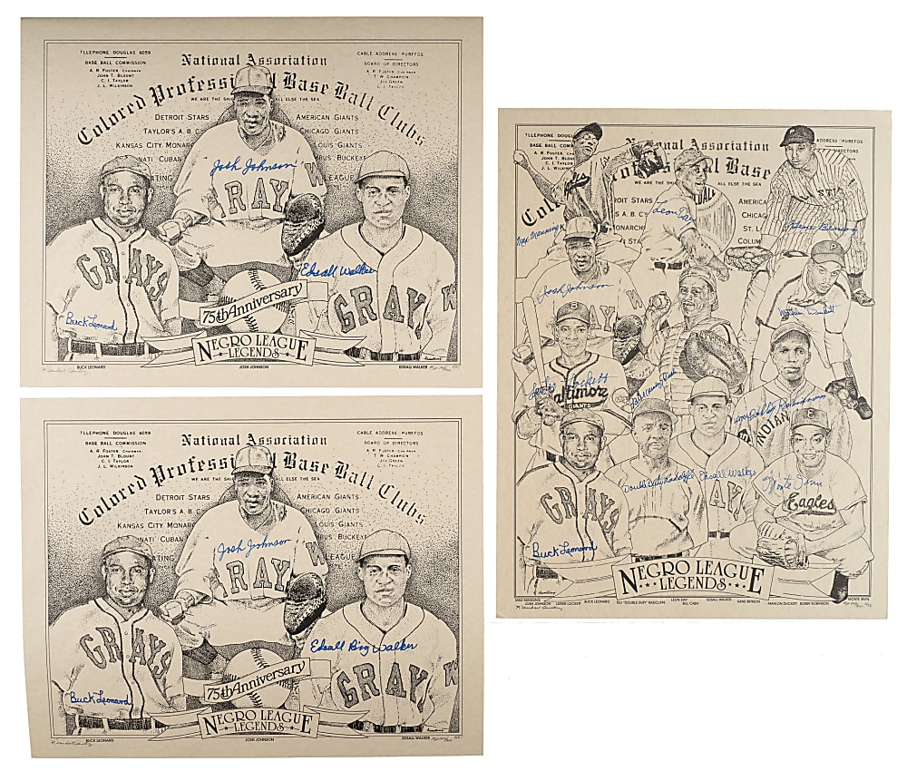 Negro League Legends Multi-Signed Limited-Edition Print Trio Including Monte Irvin, Buck Leonard, and Leon Day