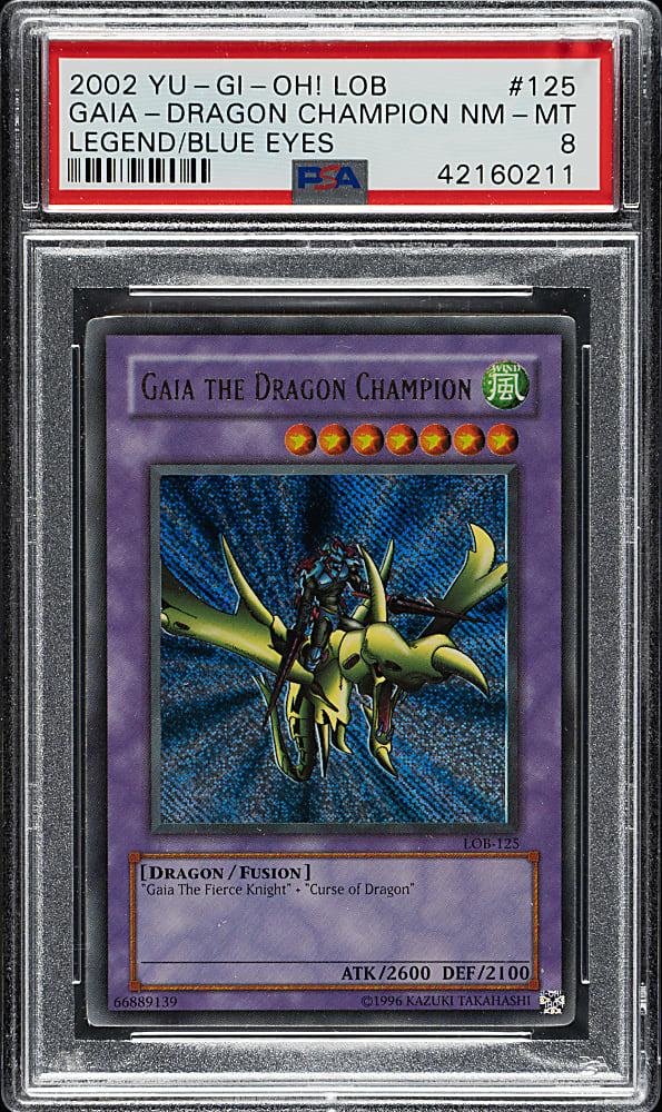 2002 Yu-Gi-Oh! Legend Of Blue Eyes White Dragon #125 Gaia The Dragon Champion Secret Rare Holographic Ultra Rare Name & Reverse Foil Error PSA NM-MT 8