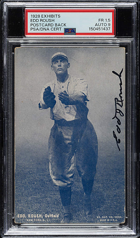 Signed 1928 Exhibits Edd Roush PSA FAIR 1.5 with MINT 9 Signature - Scarce "Post-Card Style" Back - The ONLY Graded Example!