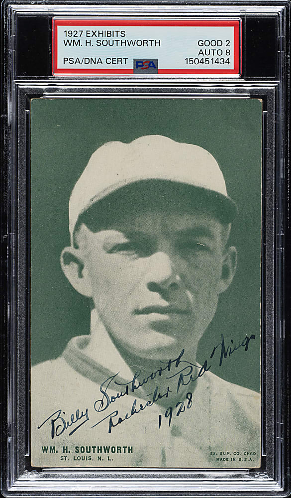 Signed 1927 Exhibits Billy Southworth PSA GOOD 2 with NM-MT 8 Signature