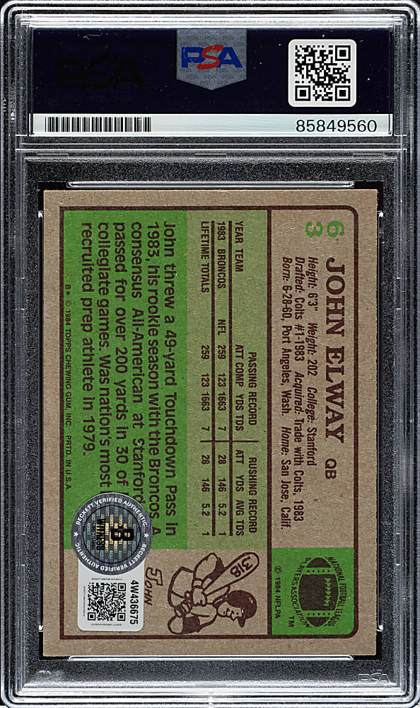 Signed 1984 Topps Football #63 John Elway Rookie - PSA/DNA