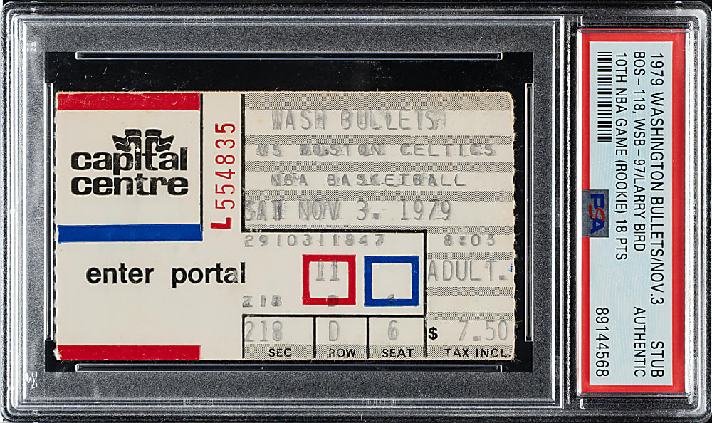 November 3, 1979 Washington Bullets (vs. Boston Celtics) Ticket Stub PSA Authentic - Larry Bird Rookie Season (18 Points) and Game #10