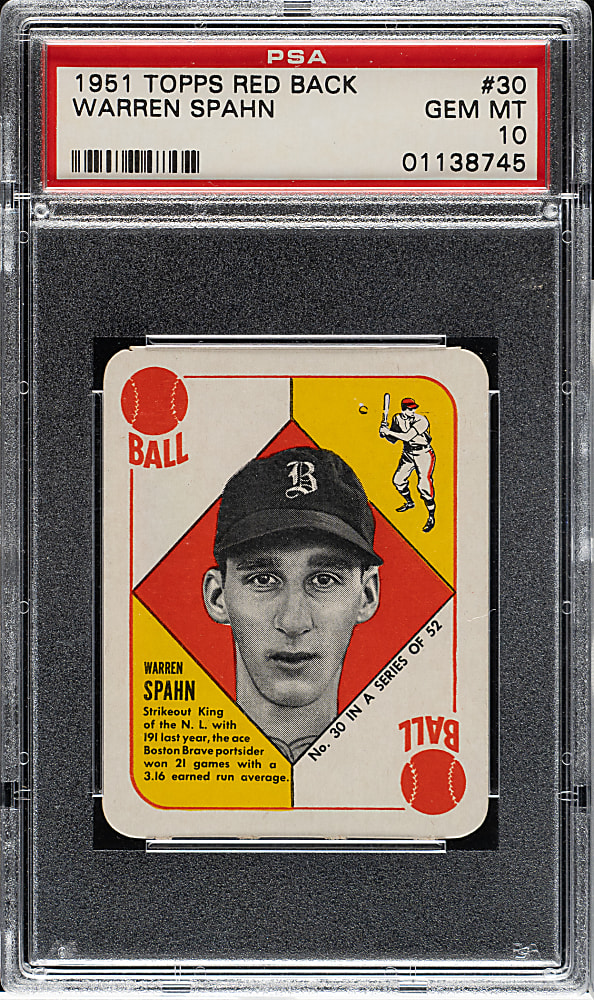 1951 Topps Red Back #30 Warren Spahn PSA GEM MINT 10 - 1 of 3!