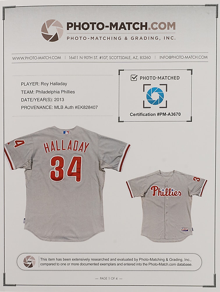 2013 Roy Halladay Philadelphia Phillies Game-Issued Road Jersey - MLB Authentication and Photomatched to September 29, 2013