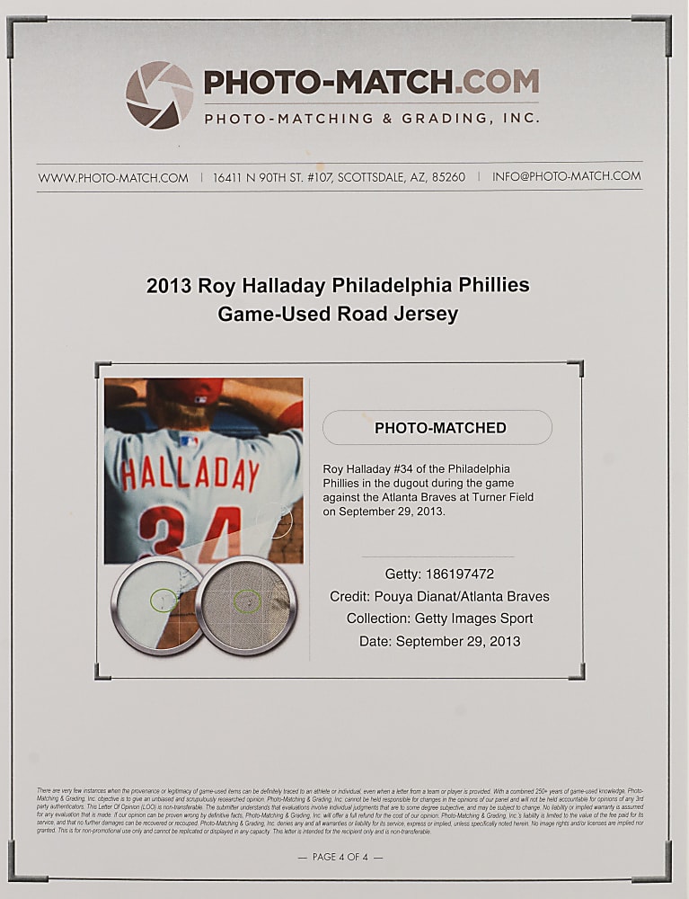 2013 Roy Halladay Philadelphia Phillies Game-Issued Road Jersey - MLB Authentication and Photomatched to September 29, 2013