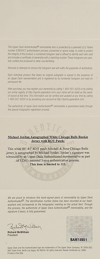 Michael Jordan Signed Limited-Edition Chicago Bulls Jersey with Rookie of the Year Patch - Upper Deck
