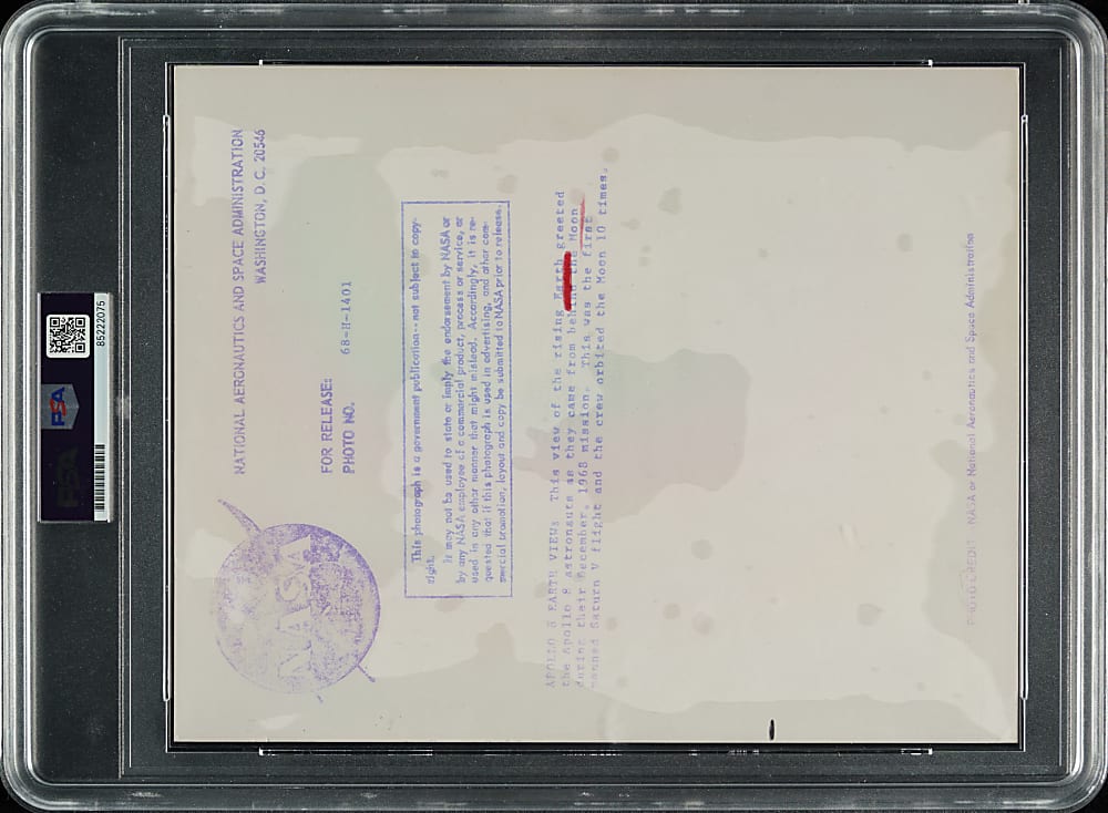 1968 Nasa Apollo 8 Earthrise Original Photograph PSA/DNA Type I