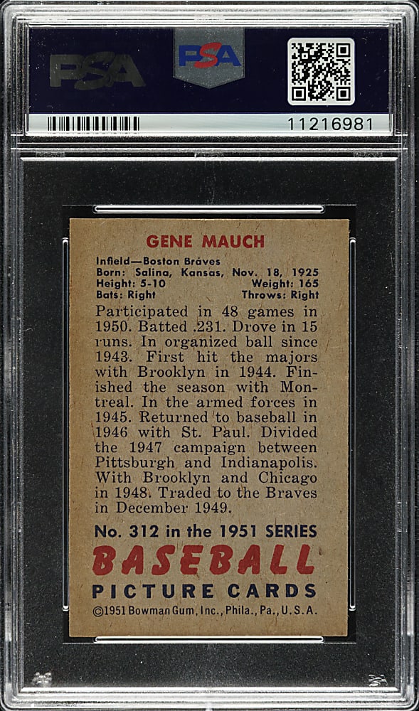 1951 Bowman #312 Gene Mauch PSA NM-MT 8