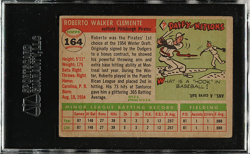 1955 Topps #164 Roberto Clemente Rookie SGC VG 40