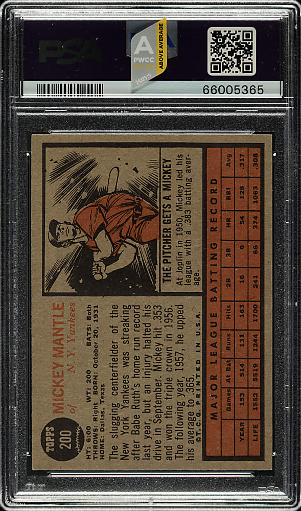 1962 Topps #200 Mickey Mantle PSA EX-MT 6