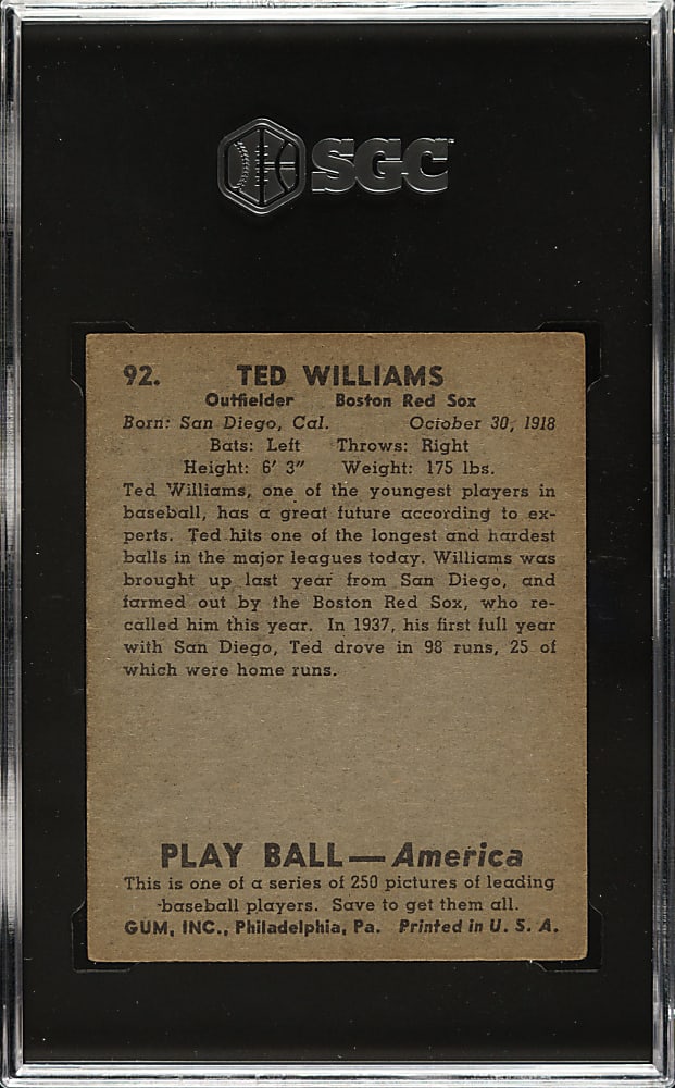 1939 R334 Play Ball #92 Ted Williams Rookie SGC VG/EX 4